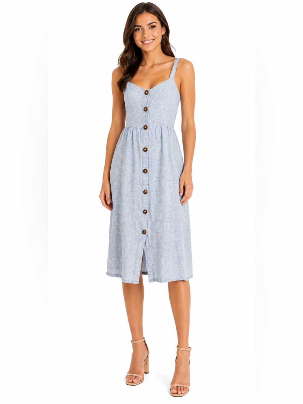 Sienna Sky Blue Chambray Linen Belted Button-Up Dress Women’s XS